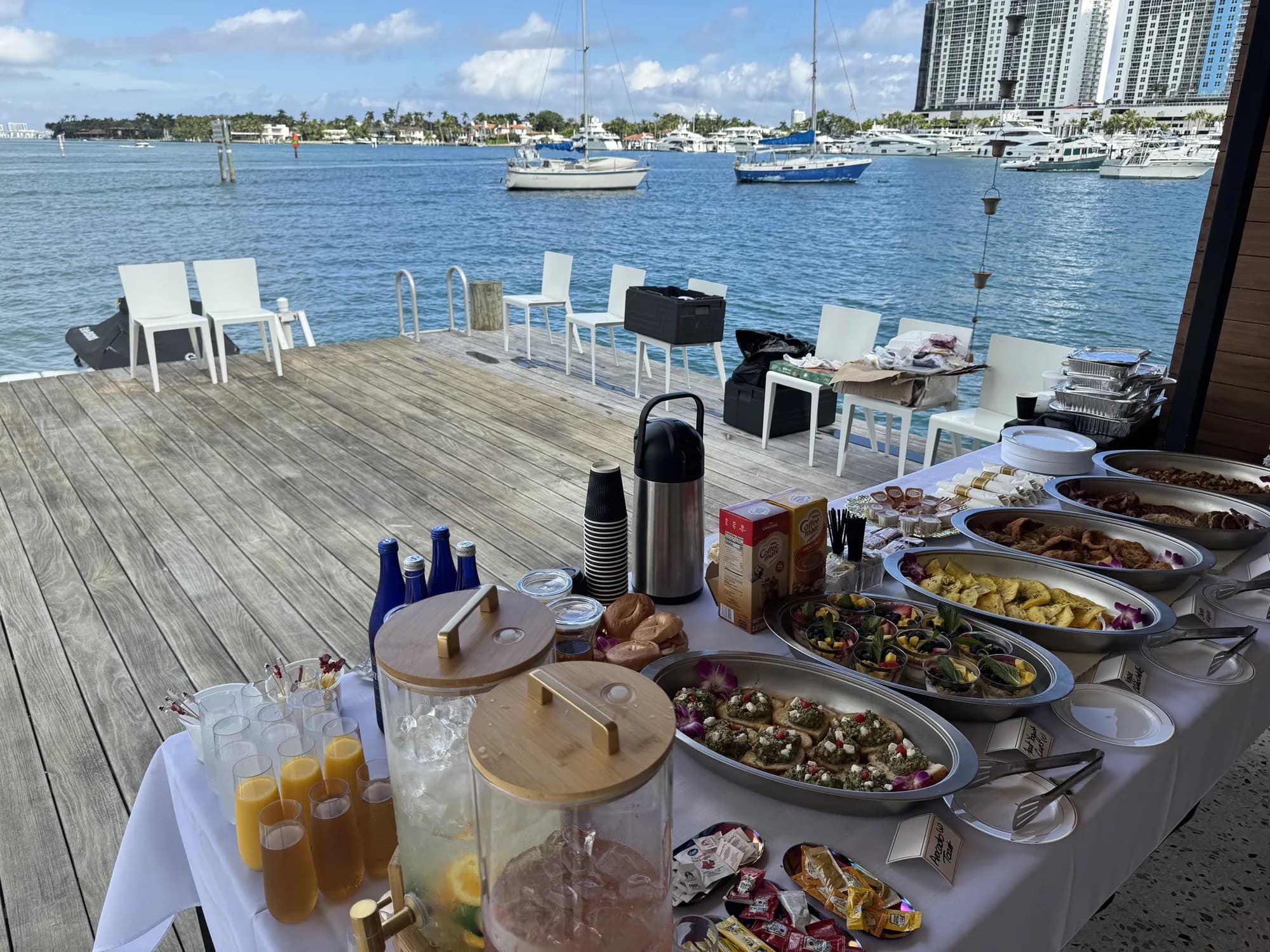 Buffet and drinks on a private dock overlooking the water in South Florida