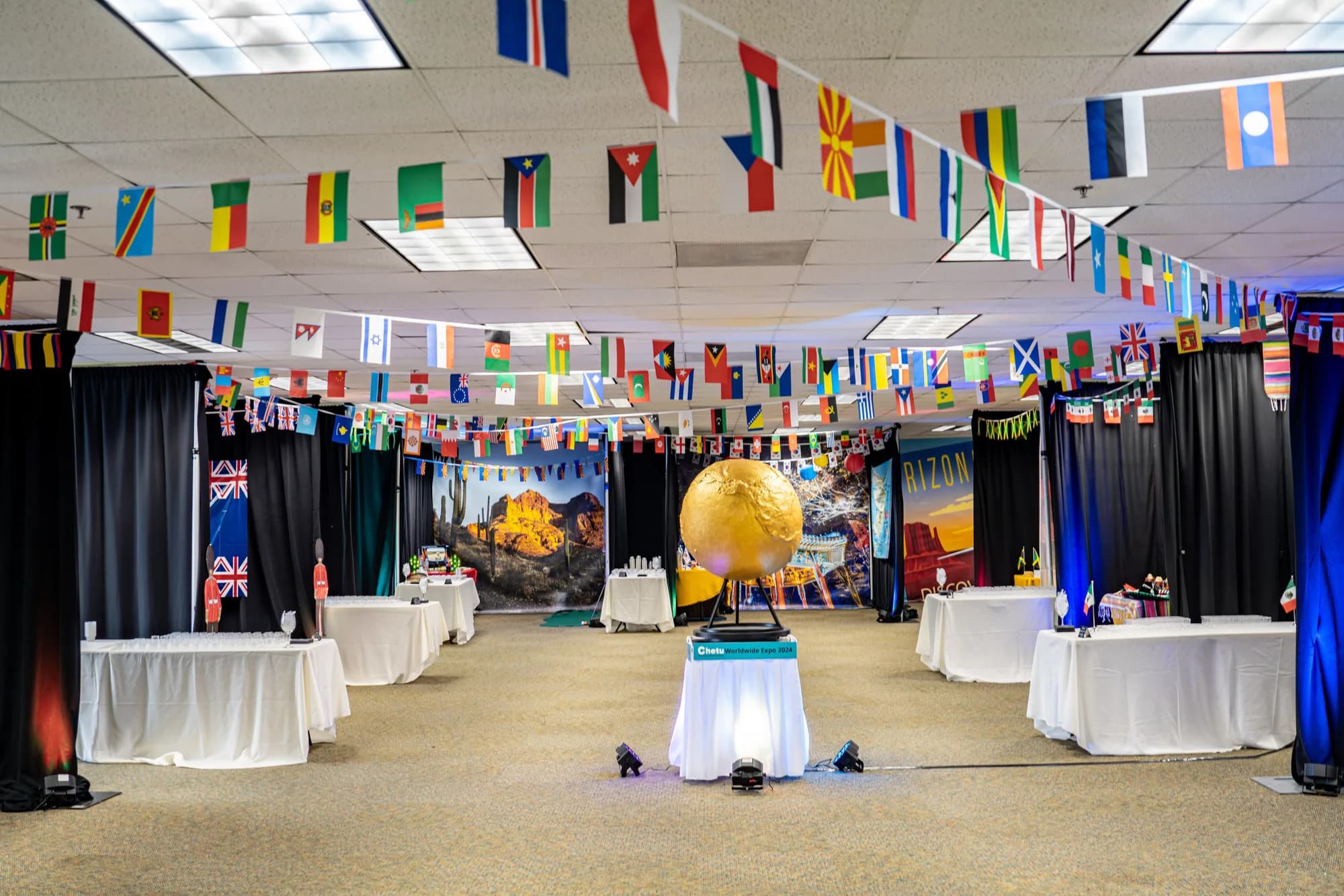 Catering for a conference room decorated with international flags