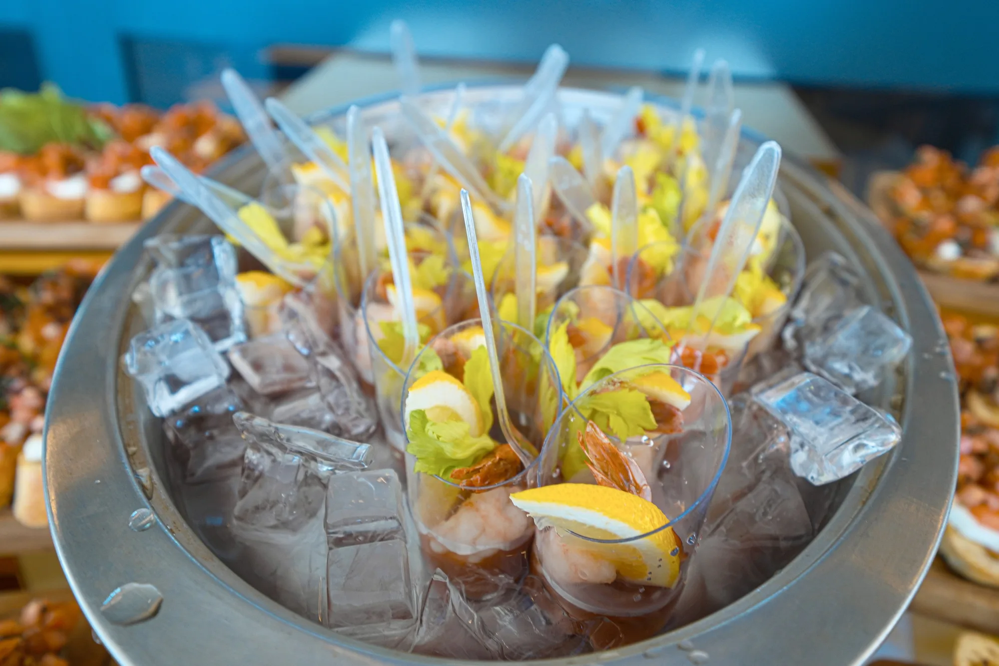 Shrimp cocktail served on ice at a South Florida catered event
